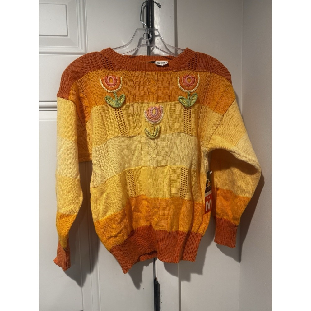 Vtg 20 Ans Mariea Kim Women's Yellow Orange Floral Knit Applique Sweater NWT M